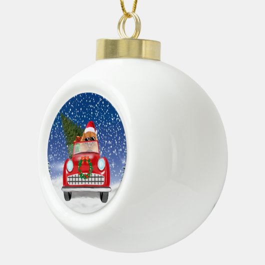 Spitz Hund Autofahren im Schnee Weihnachten Keramik Kugel-Ornament (Rechts)