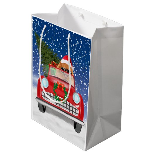 Spitz Hund Autofahren im Schnee Weihnachten Mittlere Geschenktüte (Rückseite Schrägansicht)