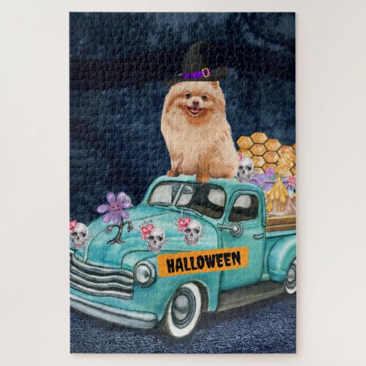 Spitz Hund Halloween LKW Beängstigende Nacht Puzzle (Vertikal)