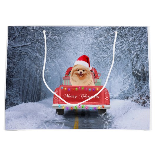 Spitz Hund im Schnee sitzen im Weihnachtswagen Große Geschenktüte (Vorderseite)