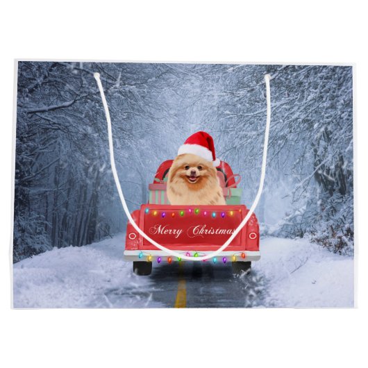 Spitz Hund im Schnee sitzen im Weihnachtswagen Große Geschenktüte (Rückseite)