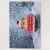 Spitz Hund im Schnee sitzen im Weihnachtswagen Puzzle (Vertikal)