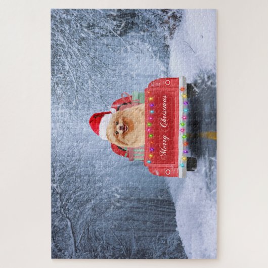 Spitz Hund im Schnee sitzen im Weihnachtswagen Puzzle (Vertikal)