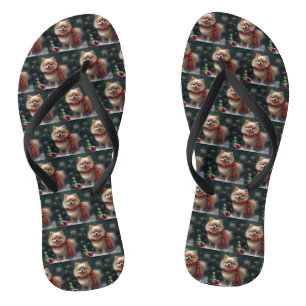 Spitz Hund im Schnee Weihnachten Badesandalen