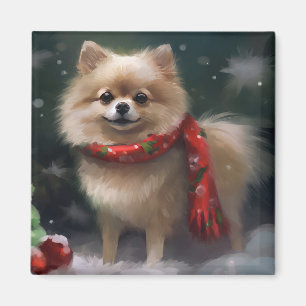Spitz Hund im Schnee Weihnachten Magnet