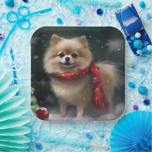 Spitz Hund im Schnee Weihnachten Pappteller (Party)