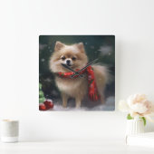 Spitz Hund im Schnee Weihnachten Quadratische Wanduhr (Zuhause)