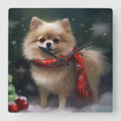 Spitz Hund im Schnee Weihnachten Quadratische Wanduhr (Vorderseite)