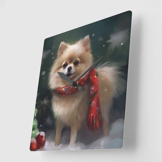 Spitz Hund im Schnee Weihnachten Quadratische Wanduhr (Winkel)