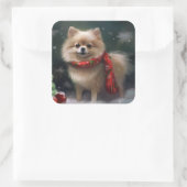 Spitz Hund im Schnee Weihnachten Quadratischer Aufkleber (Tasche)