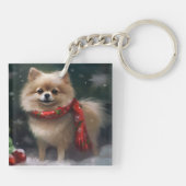 Spitz Hund im Schnee Weihnachten Schlüsselanhänger (Rückseite)