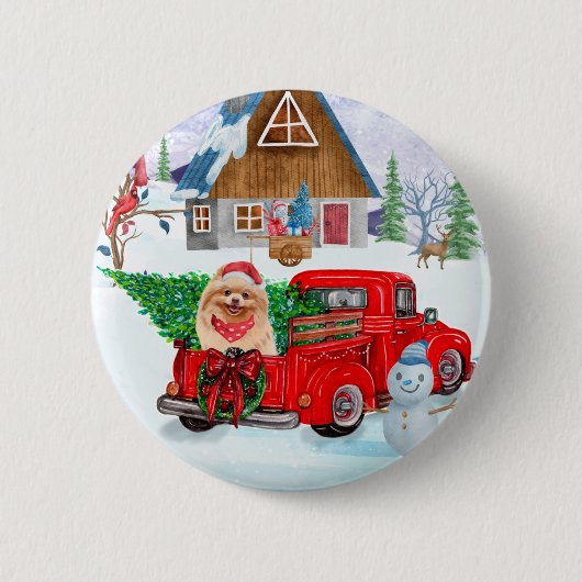 Spitz Hund in der Weihnachtslieferung LKW Schnee Button (Vorderseite)