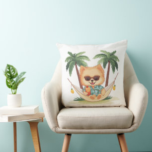 Spitz Hund in einem hawaiianischen Shirt Kissen