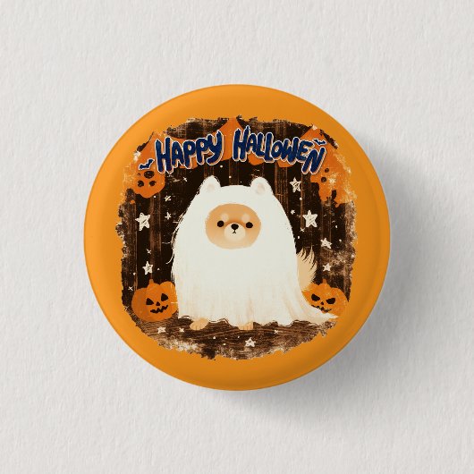 Spitz Hund in Ghost Costume - glückliches Hallowee Button (Vorderseite)