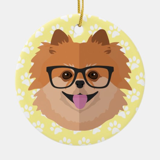 Spitz Hund in Nerd Brille | NIEDLICHER HIPSTER Keramik Ornament (Vorne)