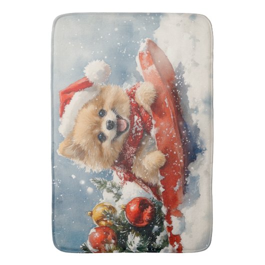 Spitz Hund in Sledge Lass es Schnee Weihnachten Badematte (Vorderseite Vertikal)