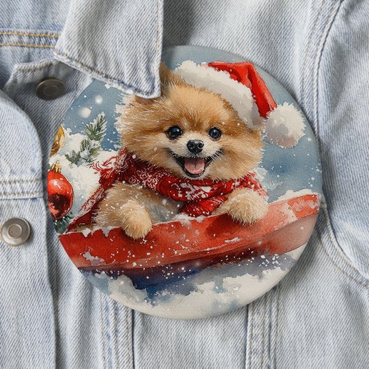 Spitz Hund in Sledge Lass es Schnee Weihnachten Button (Beispiel)