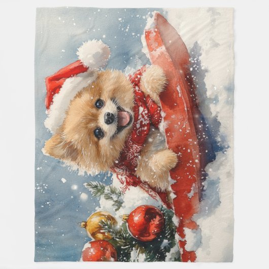 Spitz Hund in Sledge Lass es Schnee Weihnachten Fleecedecke (Vorderseite)