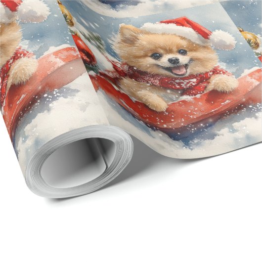 Spitz Hund in Sledge Lass es Schnee Weihnachten Geschenkpapier (Rolleneckpunkt)