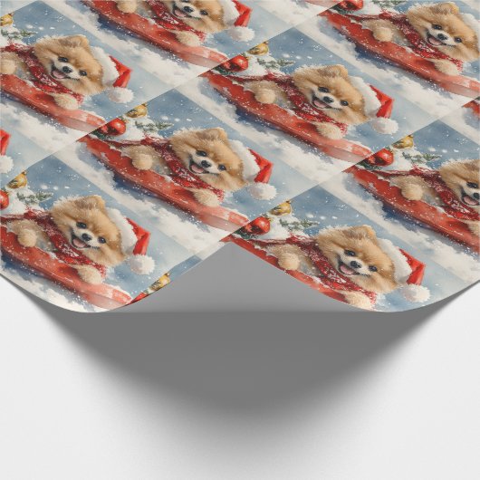 Spitz Hund in Sledge Lass es Schnee Weihnachten Geschenkpapier (Ecke)
