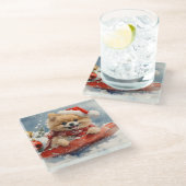 Spitz Hund in Sledge Lass es Schnee Weihnachten Glasuntersetzer (Schrägansicht)