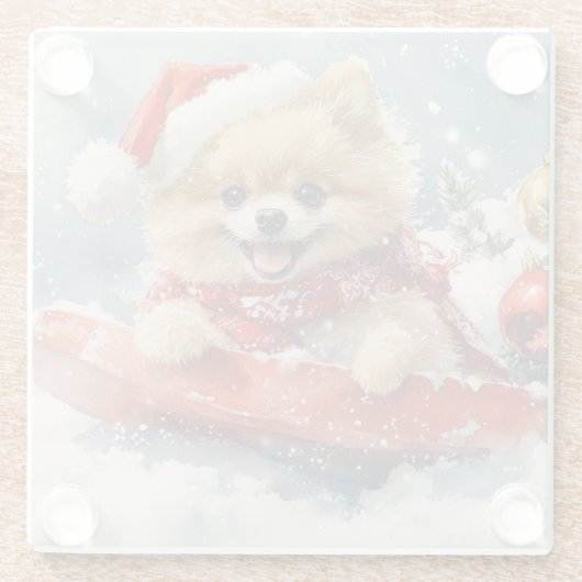 Spitz Hund in Sledge Lass es Schnee Weihnachten Glasuntersetzer (Rückseite)