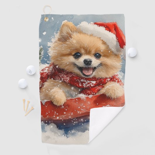 Spitz Hund in Sledge Lass es Schnee Weihnachten Golfhandtuch (Insitu)