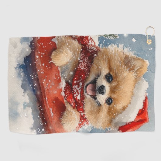 Spitz Hund in Sledge Lass es Schnee Weihnachten Golfhandtuch (Horizontal)