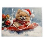 Spitz Hund in Sledge Lass es Schnee Weihnachten Große Geschenktüte (Vorderseite)