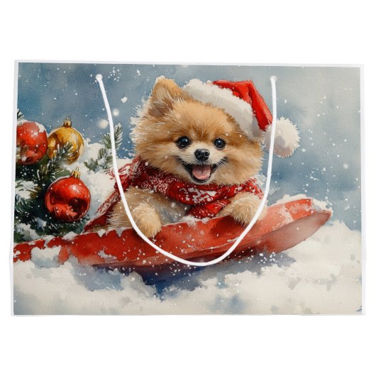 Spitz Hund in Sledge Lass es Schnee Weihnachten Große Geschenktüte (Rückseite)