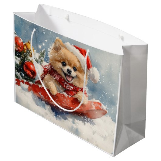 Spitz Hund in Sledge Lass es Schnee Weihnachten Große Geschenktüte (Rückseite Schrägansicht)