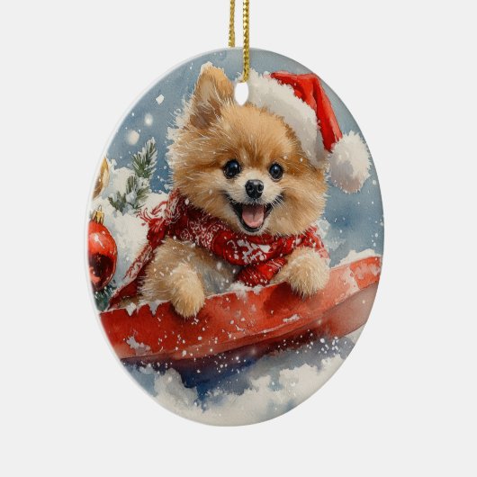 Spitz Hund in Sledge Lass es Schnee Weihnachten Keramik Ornament (Rechts)