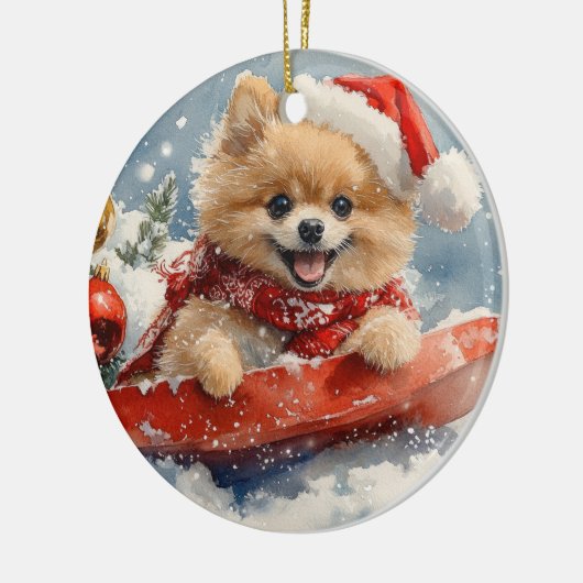 Spitz Hund in Sledge Lass es Schnee Weihnachten Keramik Ornament (Links)