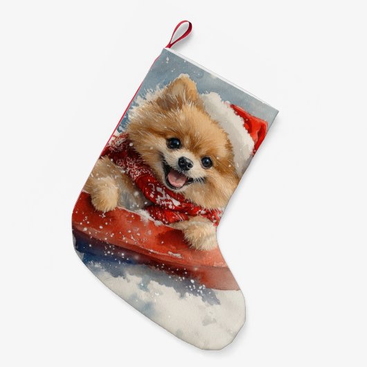 Spitz Hund in Sledge Lass es Schnee Weihnachten Kleiner Weihnachtsstrumpf (Vorderansicht (hängend))