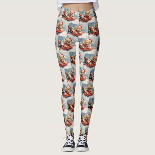 Spitz Hund in Sledge Lass es Schnee Weihnachten Leggings (Vorderseite)