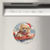 Spitz Hund in Sledge Lass es Schnee Weihnachten Magnet (In Situ (Geschirrspüler))