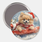 Spitz Hund in Sledge Lass es Schnee Weihnachten Magnet (Vorderseite/Rückseite)