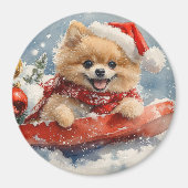 Spitz Hund in Sledge Lass es Schnee Weihnachten Magnet (Vorne)