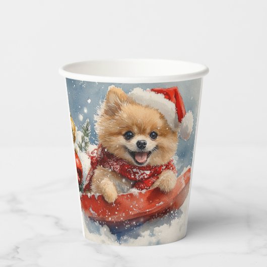 Spitz Hund in Sledge Lass es Schnee Weihnachten Pappbecher (Rückseite)