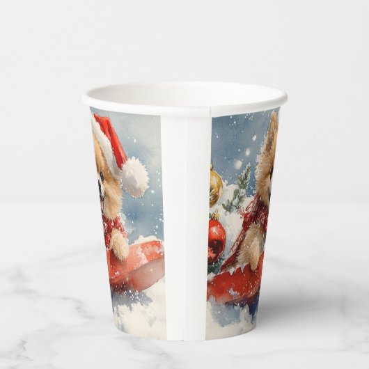 Spitz Hund in Sledge Lass es Schnee Weihnachten Pappbecher (Rechts)