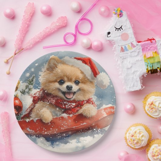 Spitz Hund in Sledge Lass es Schnee Weihnachten Pappteller (Party)
