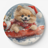 Spitz Hund in Sledge Lass es Schnee Weihnachten Pappteller (Vorderseite)