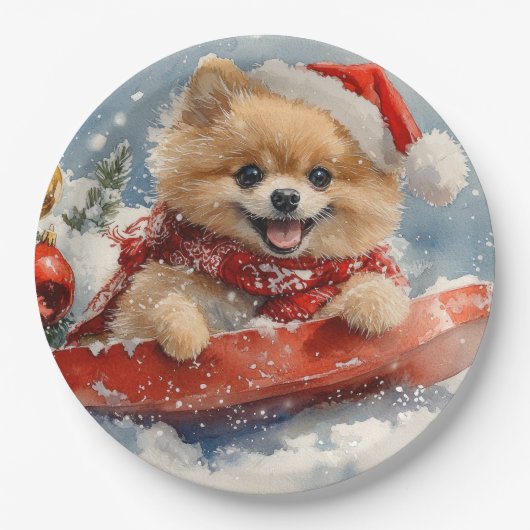 Spitz Hund in Sledge Lass es Schnee Weihnachten Pappteller (Vorderseite)