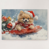 Spitz Hund in Sledge Lass es Schnee Weihnachten Puzzle (Horizontal)