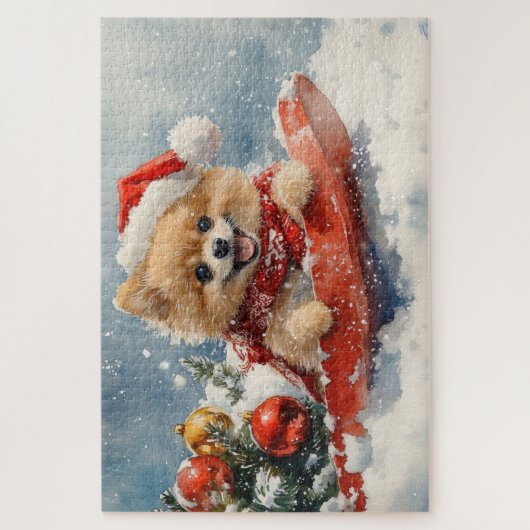 Spitz Hund in Sledge Lass es Schnee Weihnachten Puzzle (Vertikal)