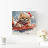 Spitz Hund in Sledge Lass es Schnee Weihnachten Quadratische Wanduhr (Zuhause)