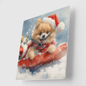 Spitz Hund in Sledge Lass es Schnee Weihnachten Quadratische Wanduhr (Winkel)