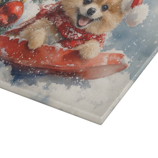 Spitz Hund in Sledge Lass es Schnee Weihnachten Schneidebrett (Ecke)