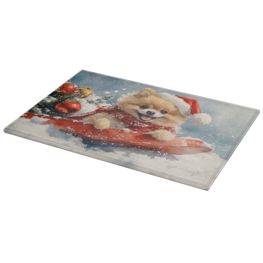 Spitz Hund in Sledge Lass es Schnee Weihnachten Schneidebrett (Ecke)