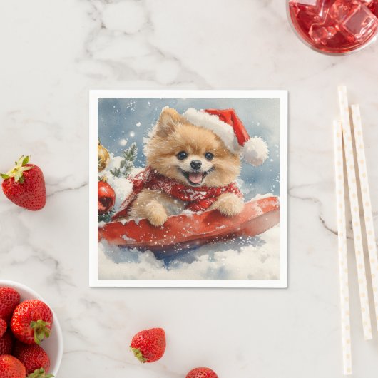 Spitz Hund in Sledge Lass es Schnee Weihnachten Serviette (Beispiel)